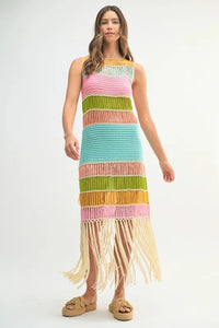 MABLE Multi Color Fringed Crochet Knit Dress - Brittney MADE