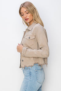 RISEN Full Size Raw Hem Button Up Cropped Denim Jacket Plus Size - Brittney MADE