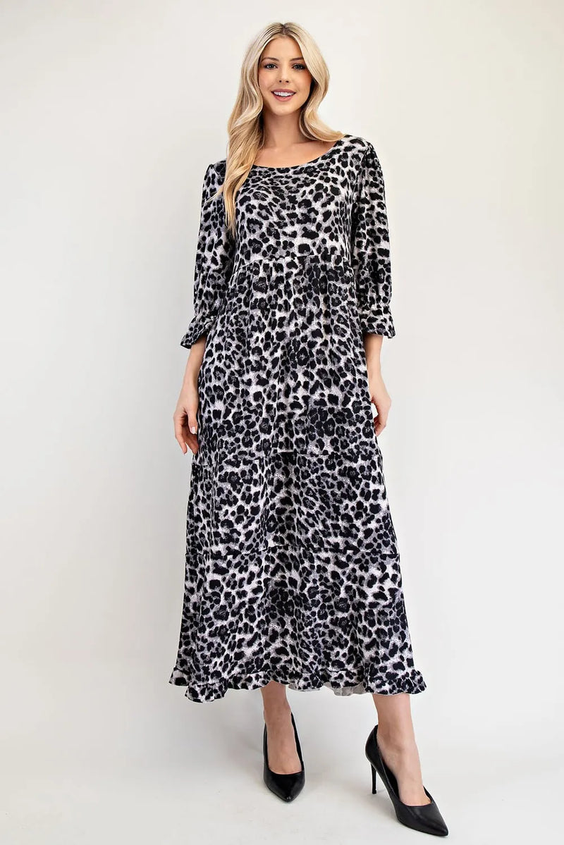 Celeste Full Size Leopard Round Neck Flounce Sleeve Dress - Brittney MADE