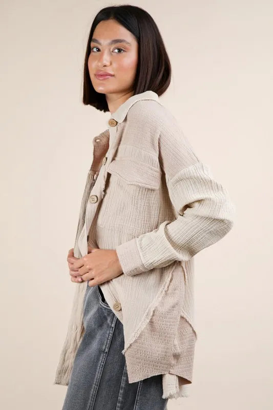 VERY J Mineral Washed Oversized Gauze Shacket - Brittney MADE