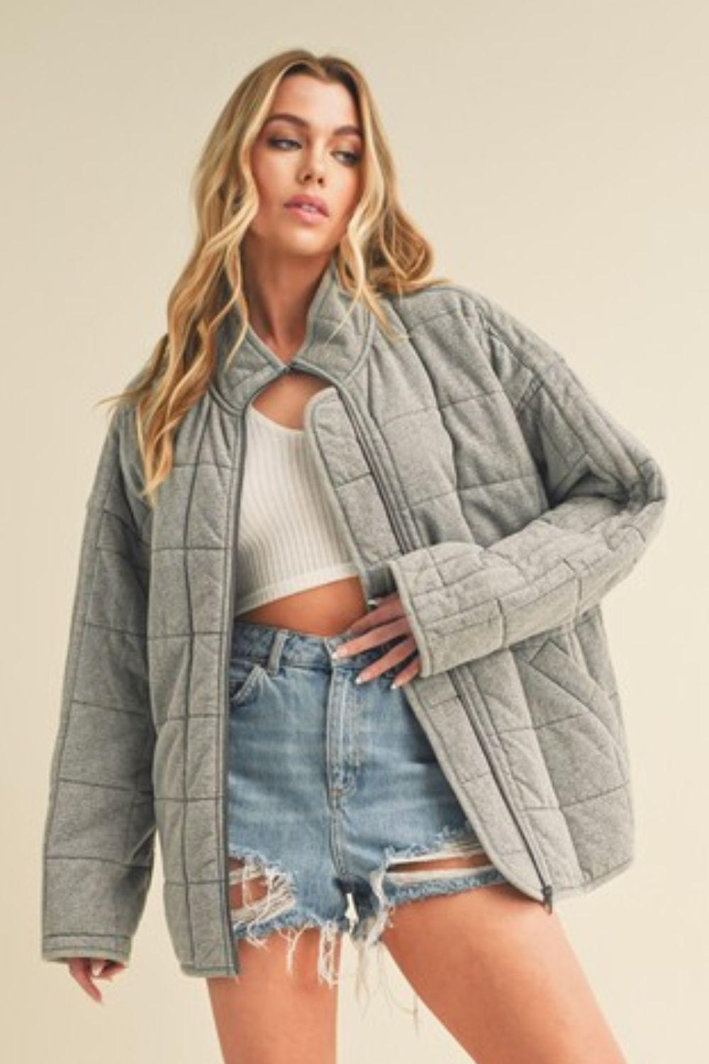 Aemi + Co Zip Up Drop Shoulder Quilted Washed Jacket - Brittney MADE