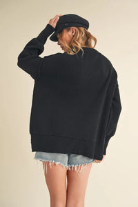 Aemi+Co Ribbed Hem Side Slit Round Neck Sweater - Brittney MADE