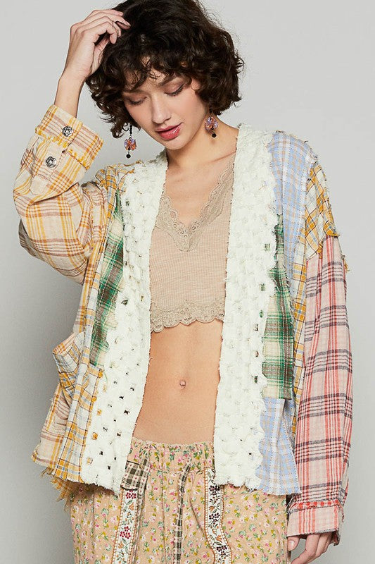 POL Raw Edge Plaid Open Front Cardigan - Brittney MADE
