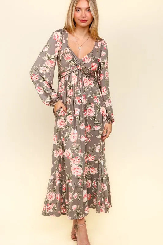 Haptics Twisted Detail Ruffled Hem Floral Dress with Side Pockets - Brittney MADE
