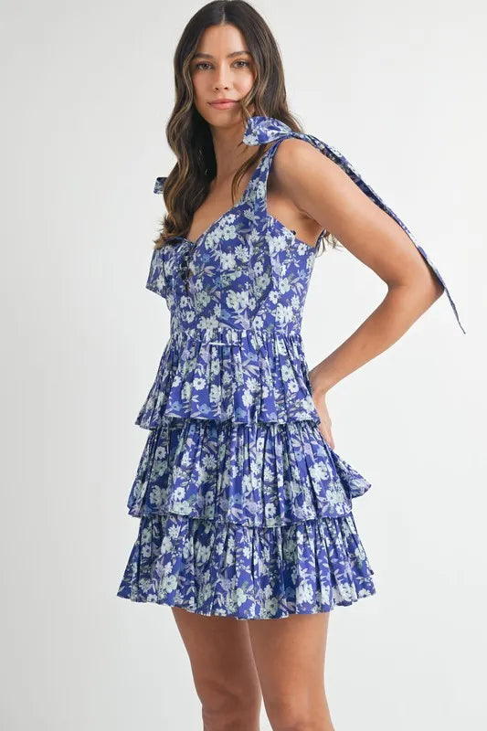MABLE Floral Print Shoulder Tie Layered Mini Dress - Brittney MADE