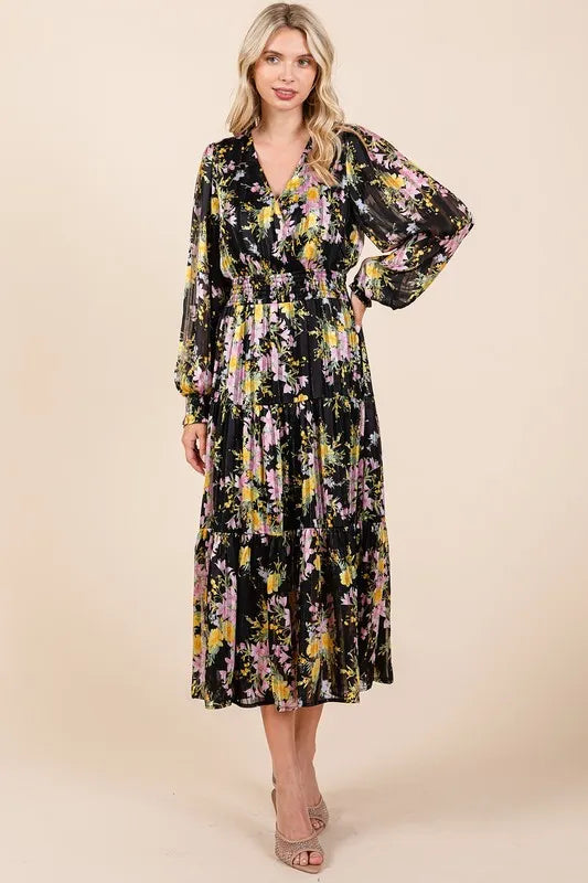 Mittoshop Flower Print Satin Lurex Stripe Smocked Midi Dress - Brittney MADE