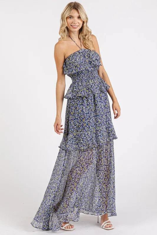 Mittoshop Ruffled Smocked Floral Halter Neck Maxi Dress - Brittney MADE