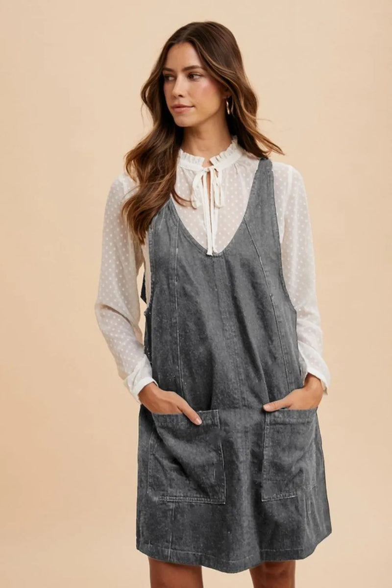 Annie Wear V-Neck Adjustable Strap Denim Overall Dress with Pockets - Brittney MADE