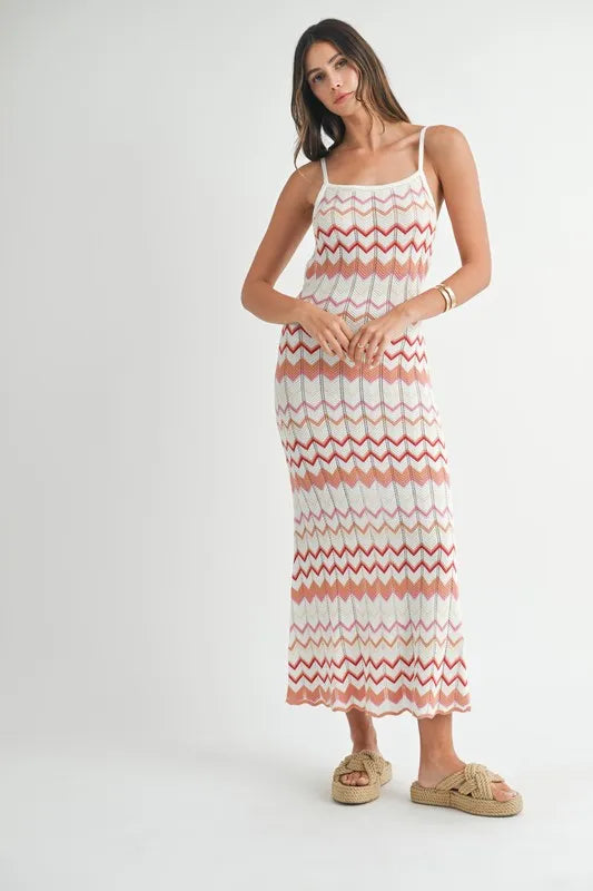 MABLE Lightweight Pointelle Chevron Knit Maxi Dress - Brittney MADE