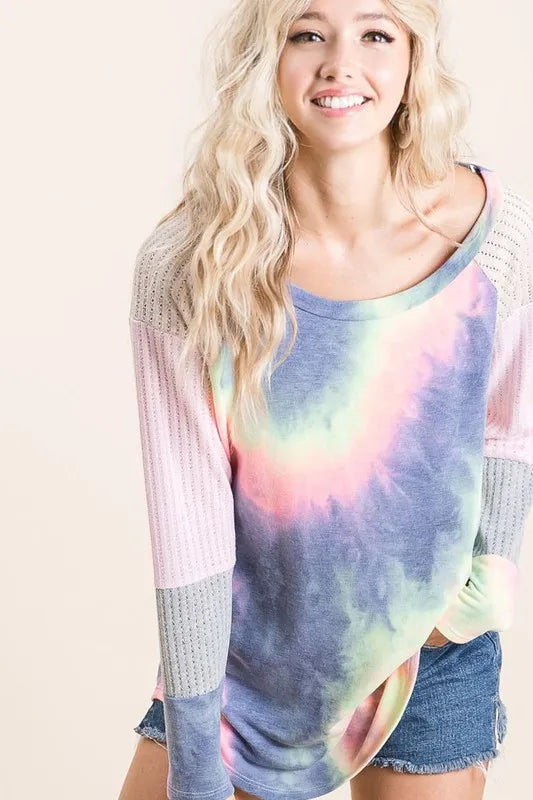 BiBi Tie Dye Terry Top With Color Block Pointelle Knit - Brittney MADE