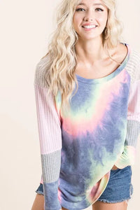 BiBi Tie Dye Terry Top With Color Block Pointelle Knit - Brittney MADE