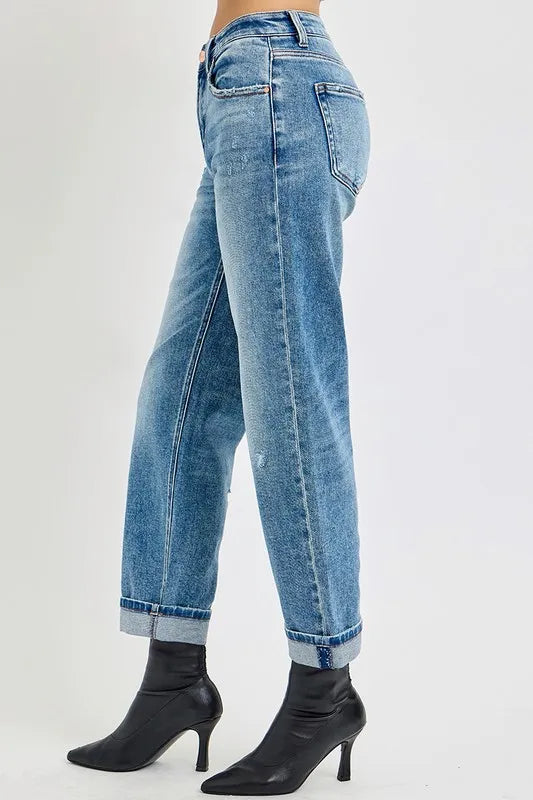 RISEN High Rise Ankle Boyfriend Distressed Jeans - Brittney MADE