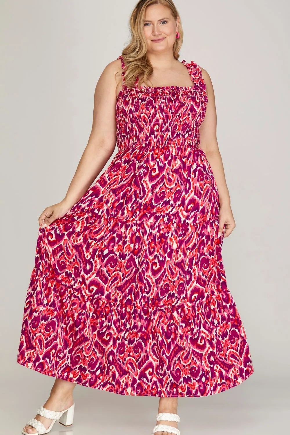 She + Sky Full Size Smocked Printed Wide Strap Tiered Dress Plus Size - Brittney MADE