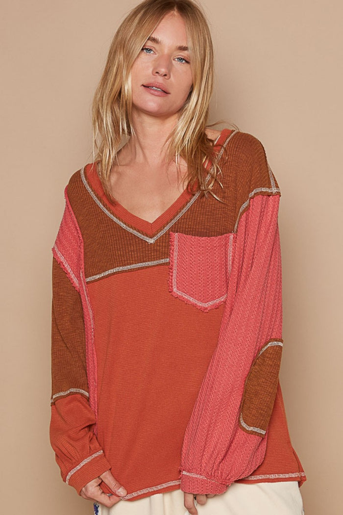 POL V-Neck Knit Panel Exposed Seam Top - Brittney MADE