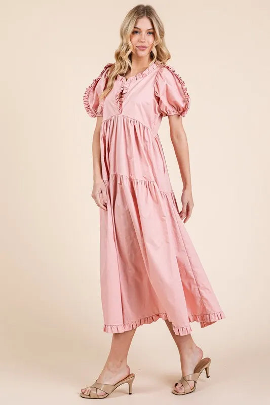 GeeGee Ruffle Trim Puff Sleeve Tiered Babydoll Midi Dress - Brittney MADE