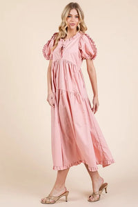 GeeGee Ruffle Trim Puff Sleeve Tiered Babydoll Midi Dress - Brittney MADE