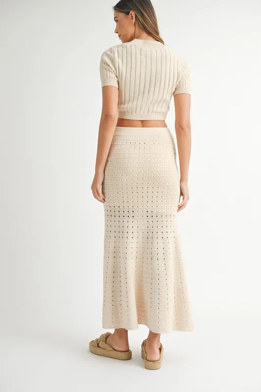 MABLE Pointelle Short Sleeve Crop Top and Slit Skirt Sweater Set - Brittney MADE