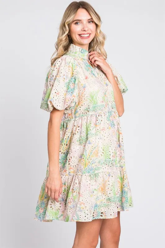 GeeGee Floral Eyelet Lace Puff Sleeve Mini Dress - Brittney MADE