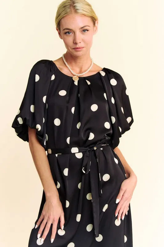 Davi & Dani Polka Dot Puff Sleeves Waist Tie Midi Dress - Brittney MADE