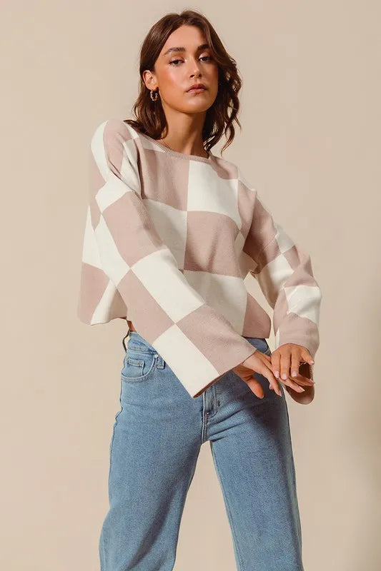 SO ME Checkered Crop Sweater with Bell Sleeves - Brittney MADE