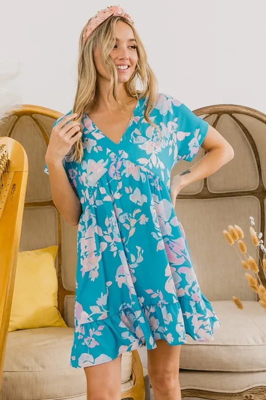 BiBi Floral Crinkle Shirred Ruffle Detail V Neck Dress - Brittney MADE