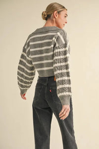 MABLE Pale Collared Striped Cropped Cable Knit Sweater - Brittney MADE