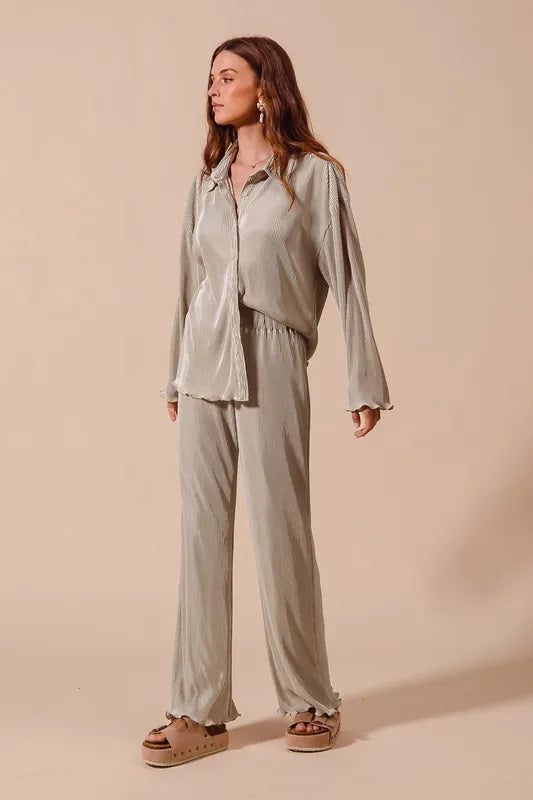 SO ME Pleated Shirt and Pants Set with Wavy Edge Details - Brittney MADE