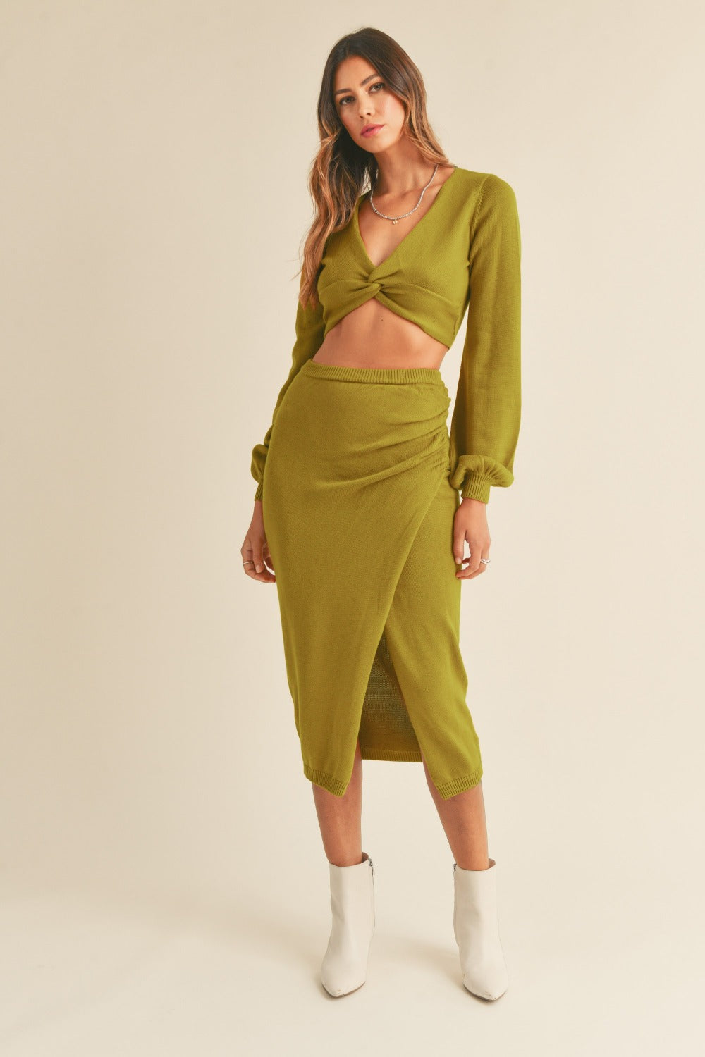 MABLE Front Twisted Knit Top and Midi Skirt Set - Brittney MADE