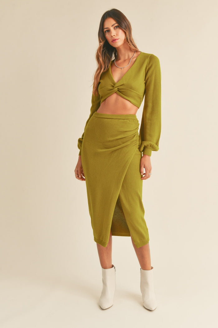 MABLE Front Twisted Knit Top and Midi Skirt Set - Brittney MADE