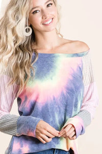 BiBi Tie Dye Terry Top With Color Block Pointelle Knit - Brittney MADE