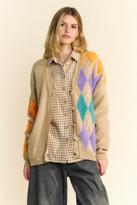 Davi & Dani Argyle V-Neck Dropped Shoulder Cardigan - Brittney MADE