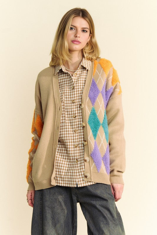 Davi & Dani Argyle V-Neck Dropped Shoulder Cardigan - Brittney MADE
