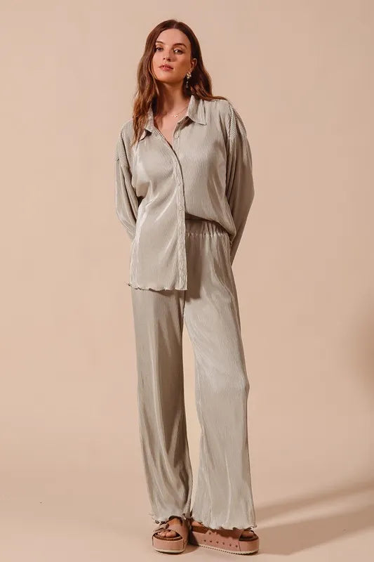 SO ME Pleated Shirt and Pants Set with Wavy Edge Details - Brittney MADE
