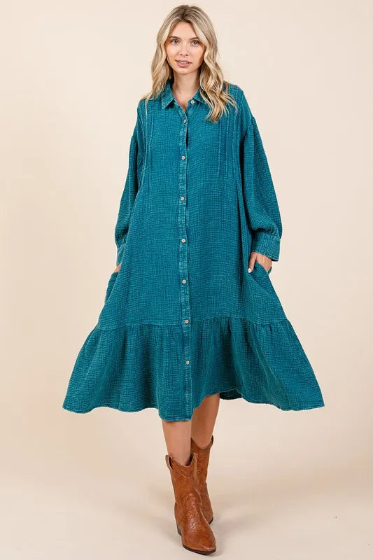 Mittoshop Mineral Wash Cotton Gauze Ruffle Midi Shirt Dress - Brittney MADE