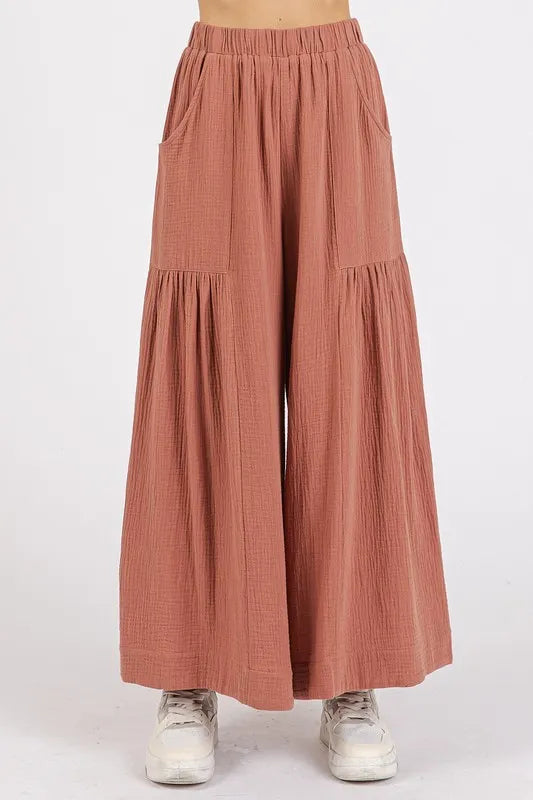 Mittoshop Gauze Elastic Waist Pleated Wide Leg Pants - Brittney MADE