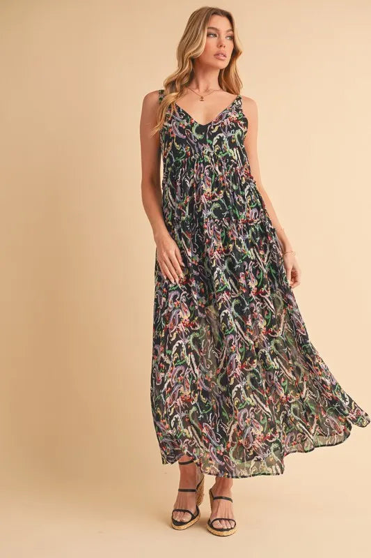 Aemi + Co Printed V-Neck Frill Tiered Cami Dress - Brittney MADE