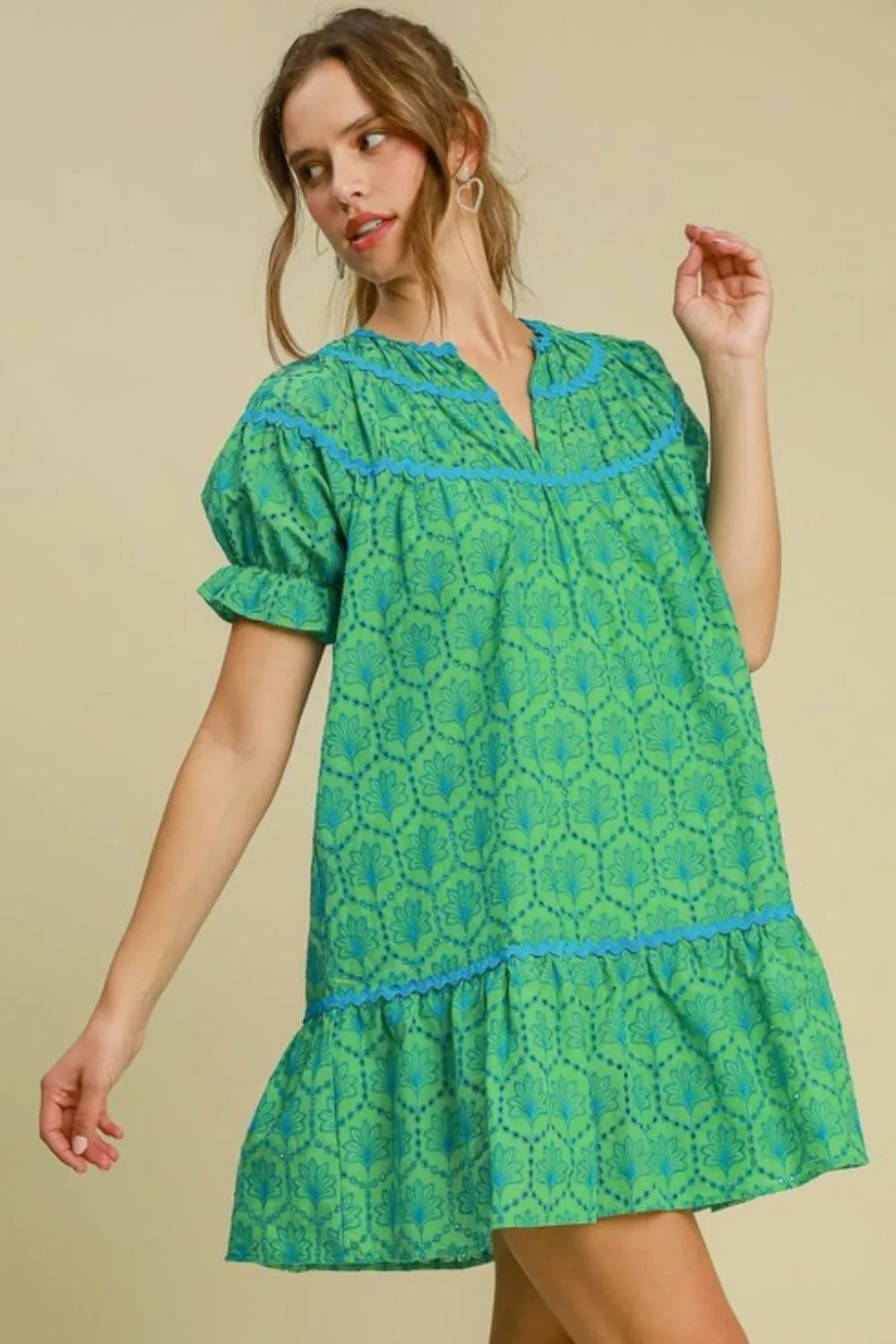 Umgee Full Size Eyelet Mini Dress With Ric Rac Trim Plus Size - Brittney MADE