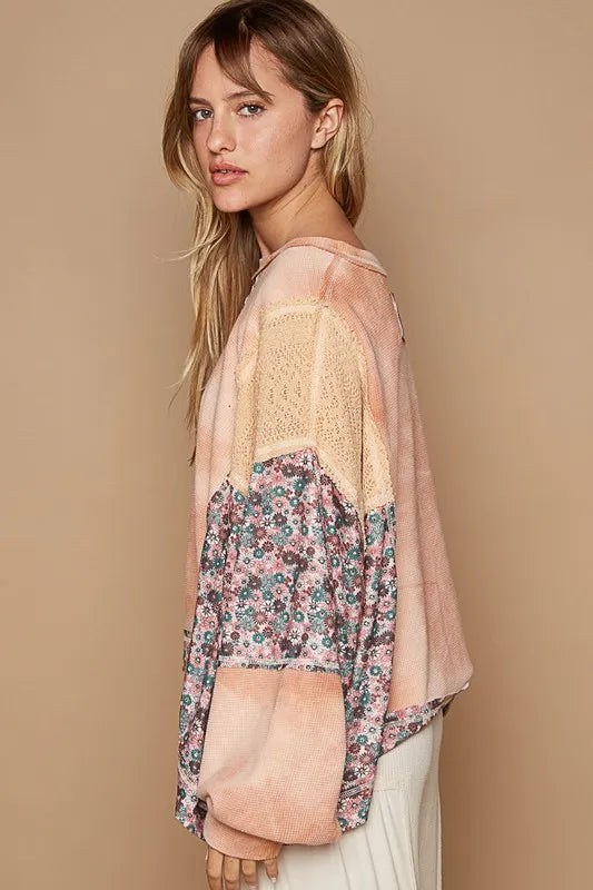 POL Floral Patchwork Round Neck Knit Top - Brittney MADE