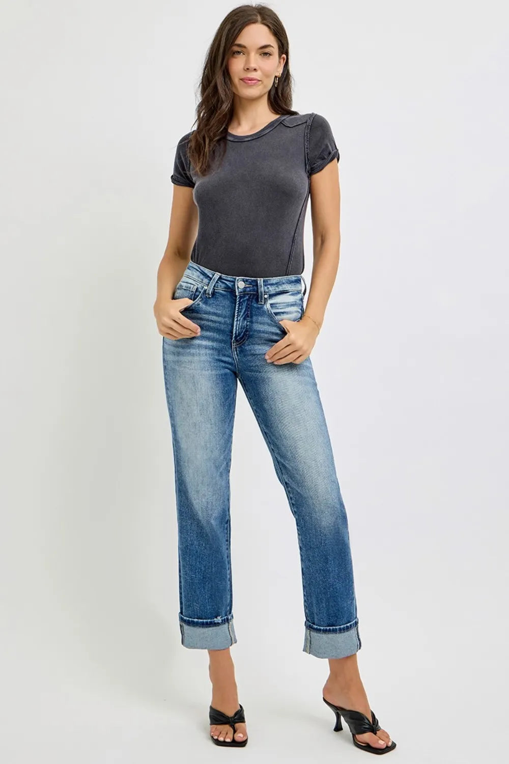 RISEN Full Size High Rise Crop Straight Roll Up Jeans - Brittney MADE