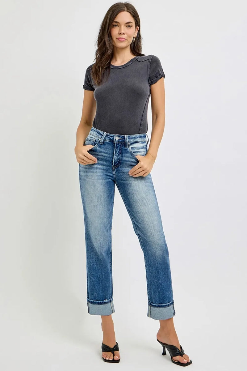 RISEN Full Size High Rise Crop Straight Roll Up Jeans - Brittney MADE