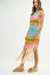 MABLE Multi Color Fringed Crochet Knit Dress - Brittney MADE