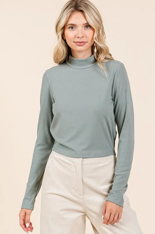 Mittoshop Mock Neck Rib Knit Long Sleeve Crop Top - Brittney MADE
