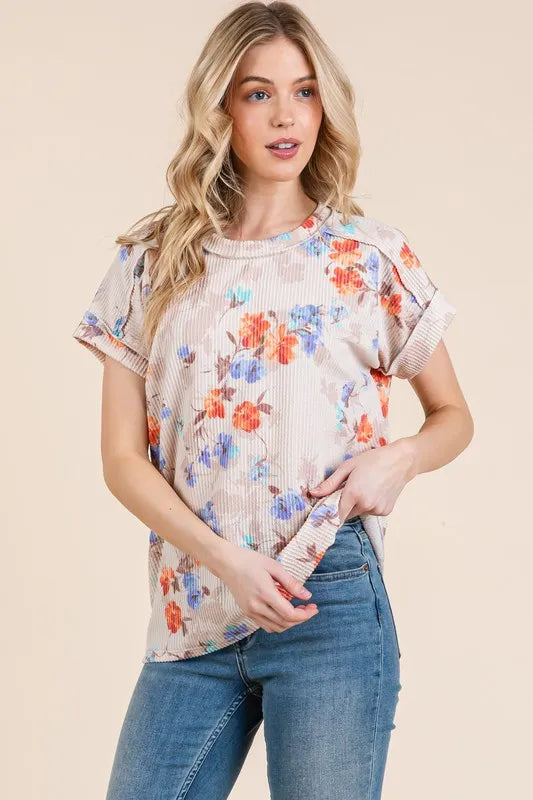 BOMBOM Floral Round Neck RIbbed T-Shirt - Brittney MADE