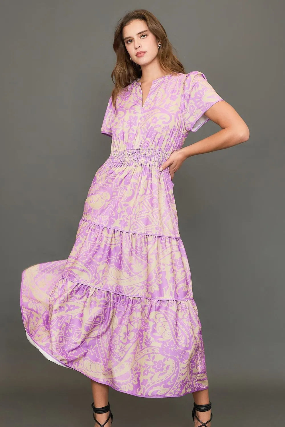 Umgee Full Size Printed Notched Short Sleeve Tiered Dress Plus Size - Brittney MADE