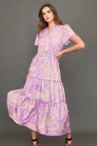Umgee Full Size Printed Notched Short Sleeve Tiered Dress Plus Size - Brittney MADE