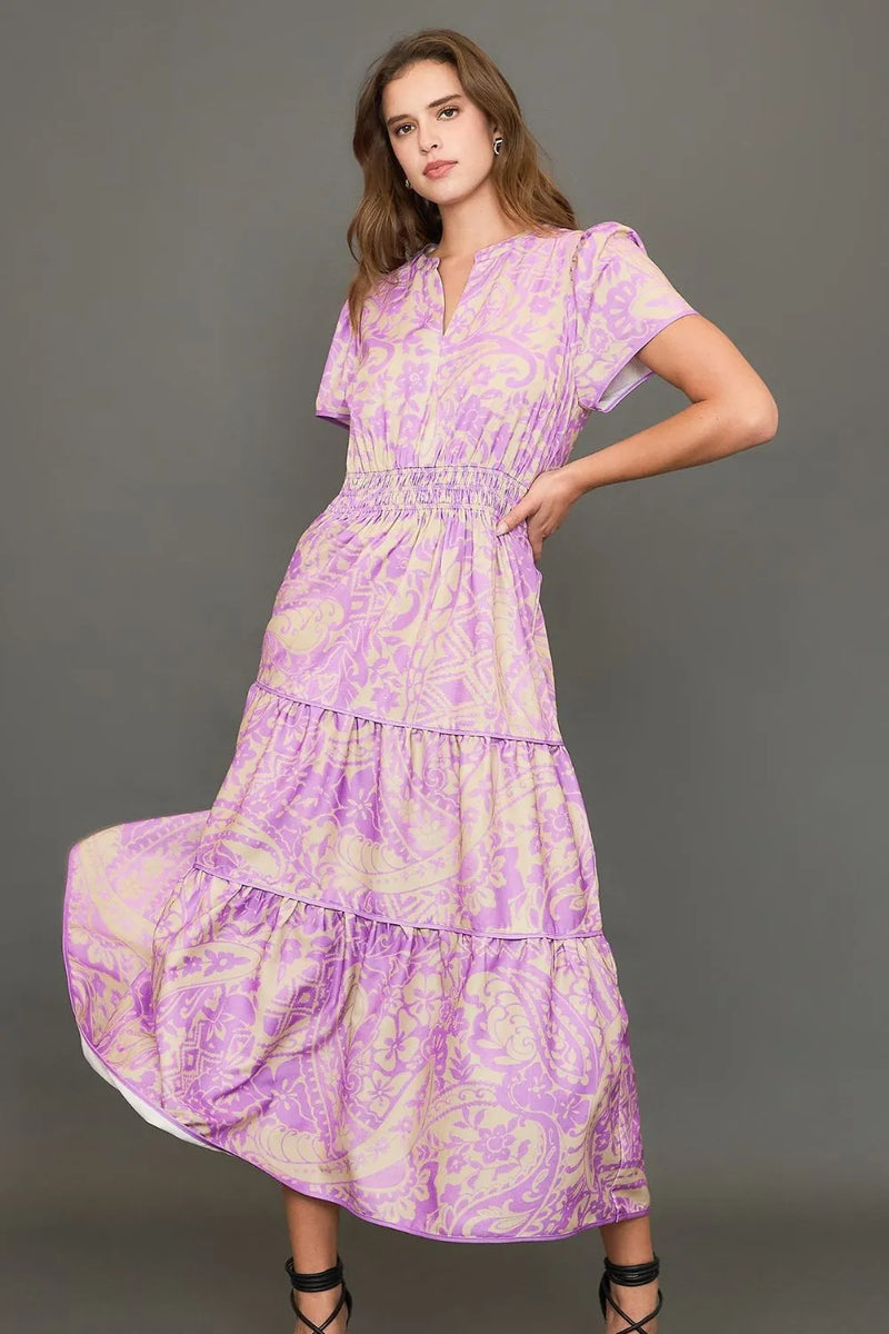 Umgee Full Size Printed Notched Short Sleeve Tiered Dress Plus Size - Brittney MADE