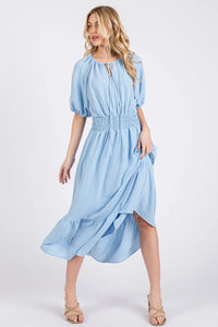 Ces Femme Smocked Elastic Waist Tie Neck Puff Sleeve Dress - Brittney MADE