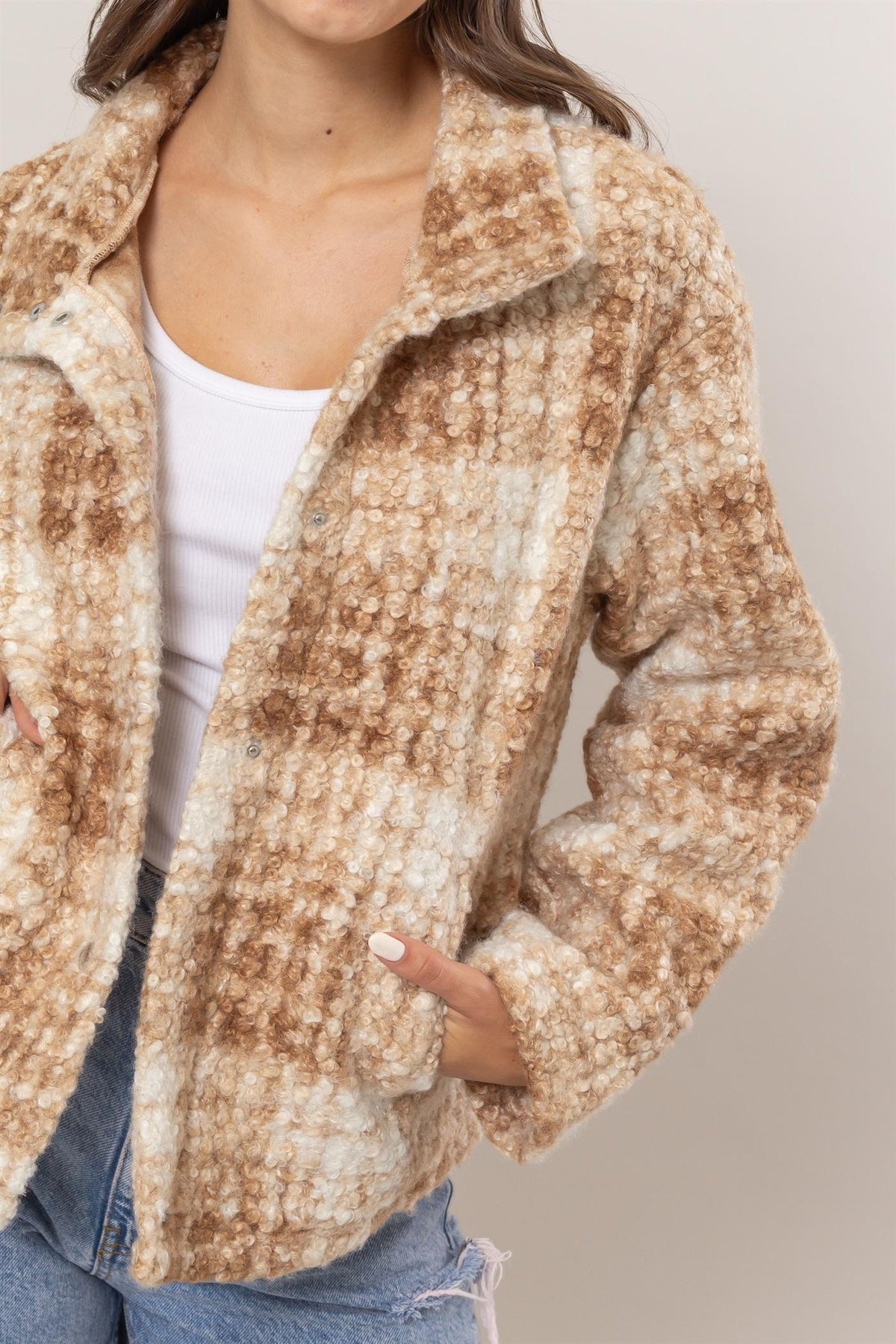 HYFVE Plaid Collared Neck Boucle Jacket with Pockets - Brittney MADE