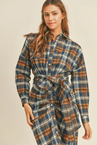 Mable Plaid Flannel Front Tie Button Down Shirt Dress - Brittney MADE