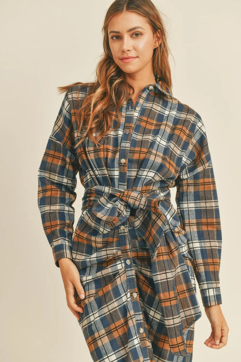 Mable Plaid Flannel Front Tie Button Down Shirt Dress - Brittney MADE